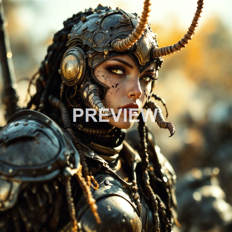 A woman dressed in intricate black and gold armor with mechanical and organic elements, featuring antennae-like structures on her head, set against a blurred outdoor background during sunset.